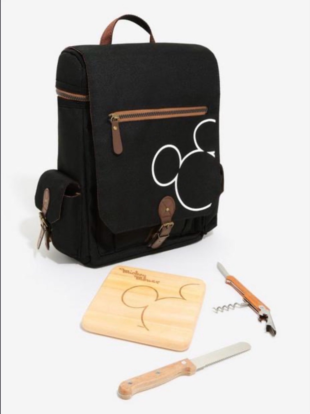 Black Canvas Mickey Icon Travel Backpack with Brown Accents